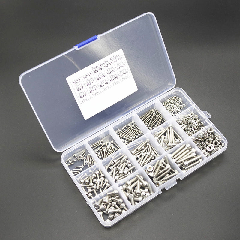 480pcs M2/M3/M4 Hex Socket Screws Set Cap Head Stainless Steel Screw Nuts Repair Tool