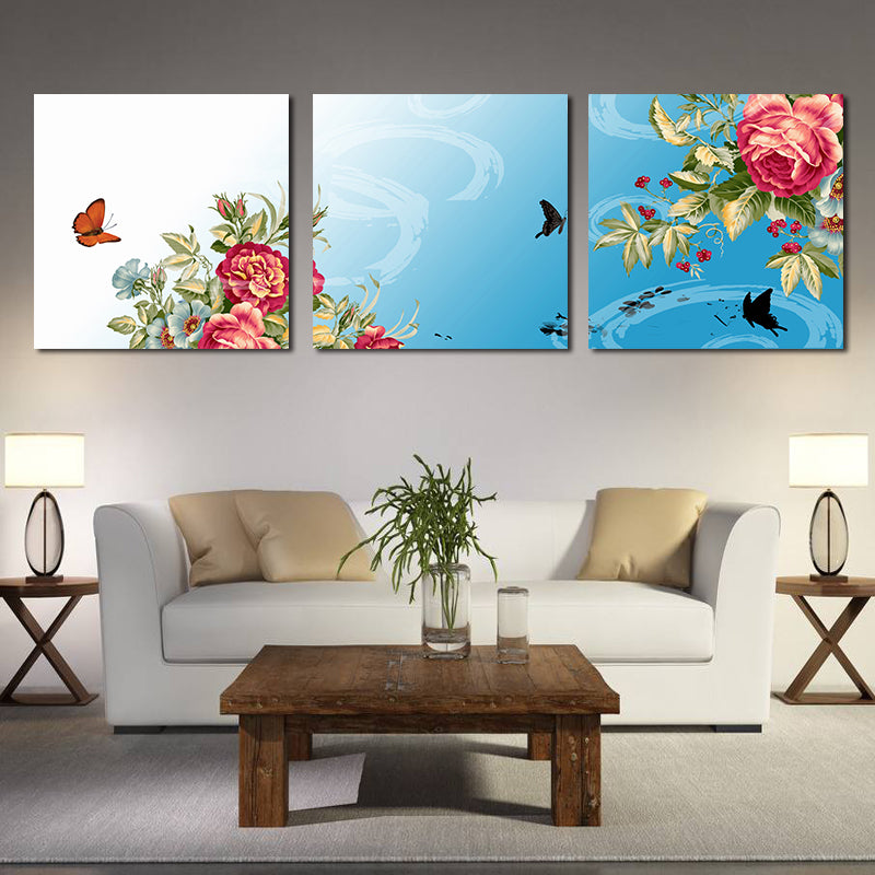 Miico Hand Painted Three Combination Decorative Paintings Dancing Botanic Peony Flower Wall Art For Home Decoration