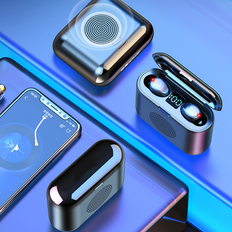 F9 2 In 1 Mini Digital Display bluetooth 5.0 Headphones IPX7 Wireless Stereo Earphone with Speaker Charging Box
