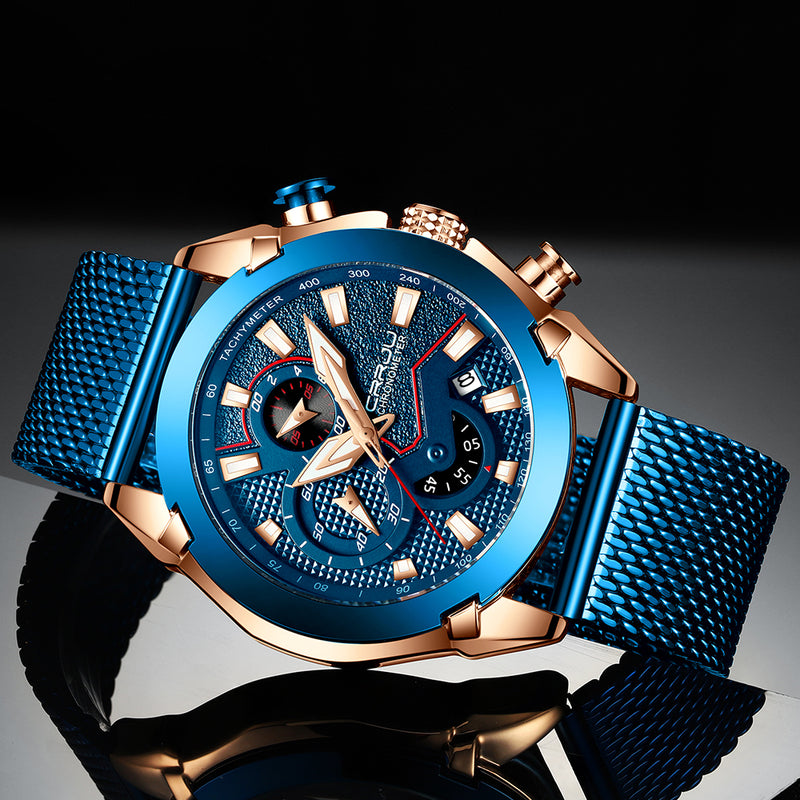 CRRJU 2219 Men Chronograph Luminous Display Full Steel Strap Fashion Blue Dial Quartz Watch