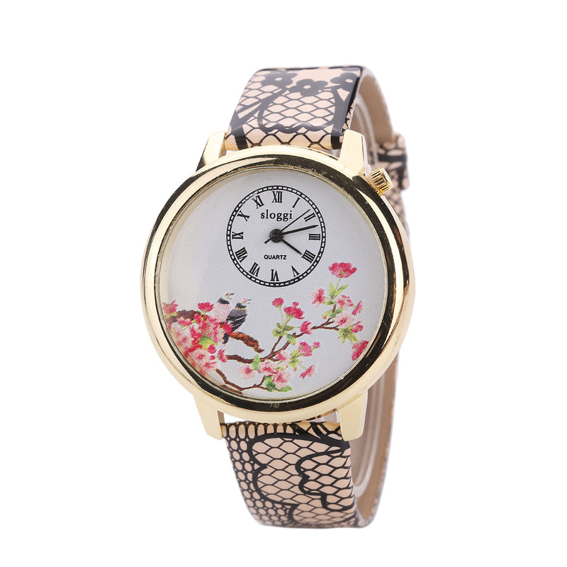 Flower and Bird Quartz Watch Casual Style Leather Strap Women Wrist Watches