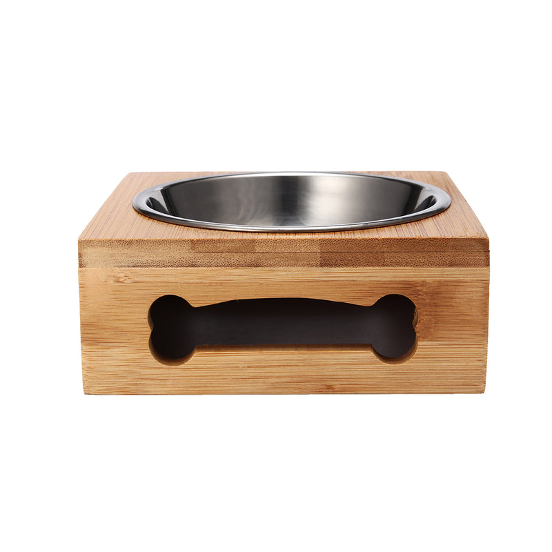 Pet Food Water Feeder Single Twin Bowls Bamboo Stainless Steel Dog Cat Dishes Pet Bowl