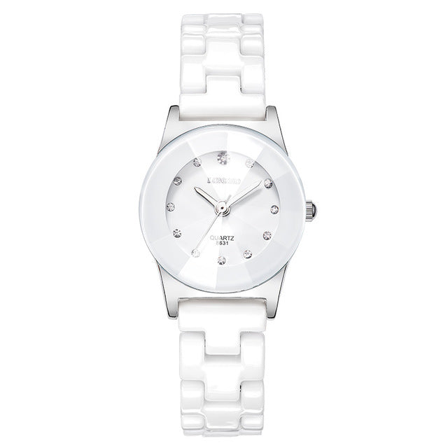 LONGBO 8631 White Ceramic Diamond Couple Watch Waterproof Casual Style Unisex Quartz Watch