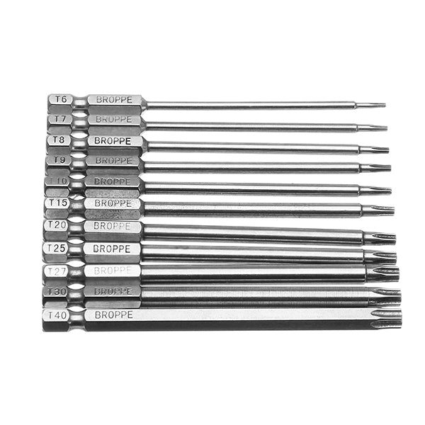 Broppe 11pcs T6-T40 100mm Magnetic Torx Screwdriver Bits 1/4 Inch Hex Shank