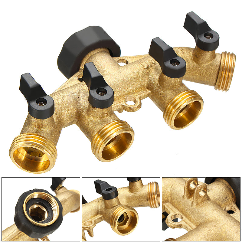 3/4 Inch BSP 4 Way Brass Hose Faucet Manifold Water Segregator Garden Tap Connector Splitter Switcher Control Shut Off Valve