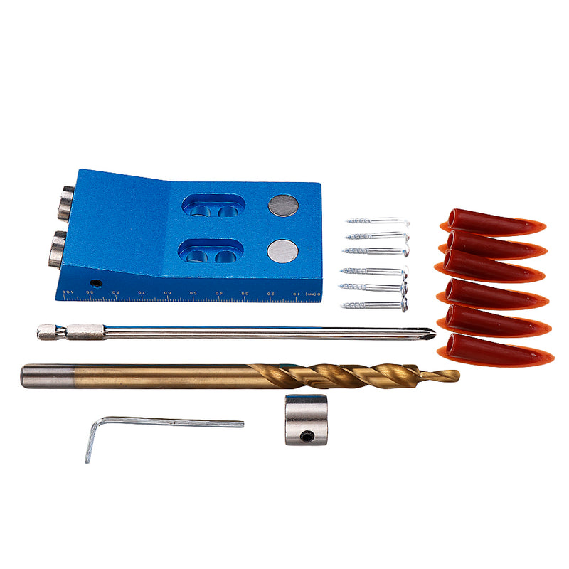 Aluminum Alloy 9.5mm Pocket Hole Jig Set Hole Drill Guide Magnetic Pocket Hole Joinery Jig with Drill Bit Screwdriver for Drilling Woodworking