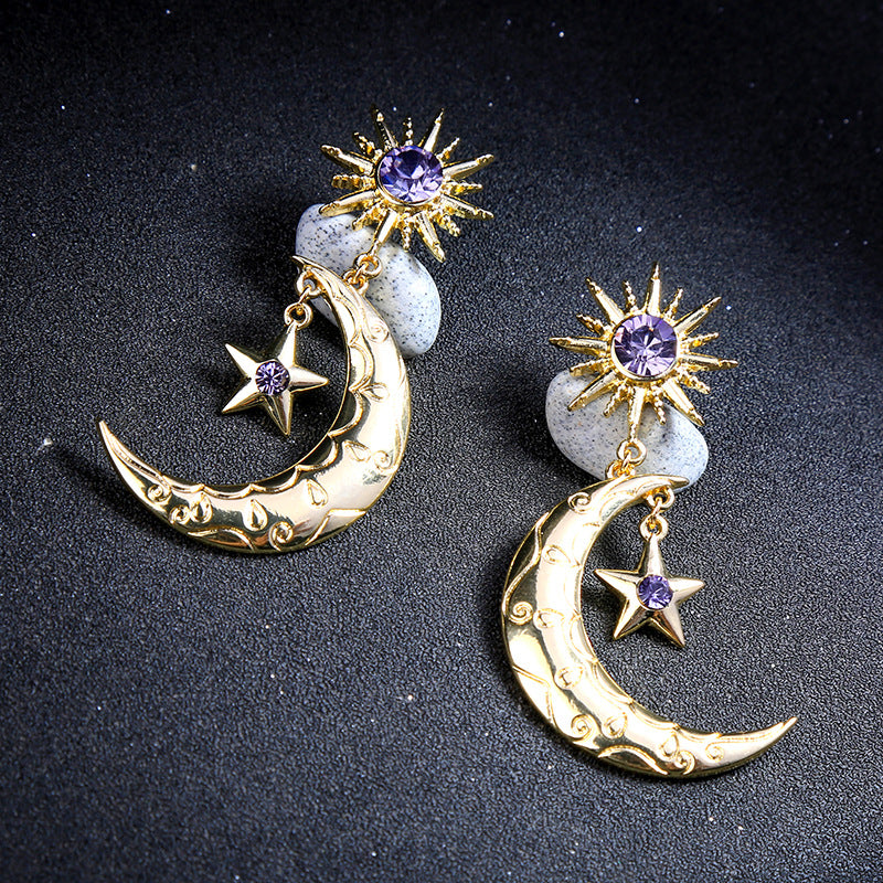 Trendy Sun Moon Star Big Ear Drop Earring Purple Rhinestone Earrings For Women