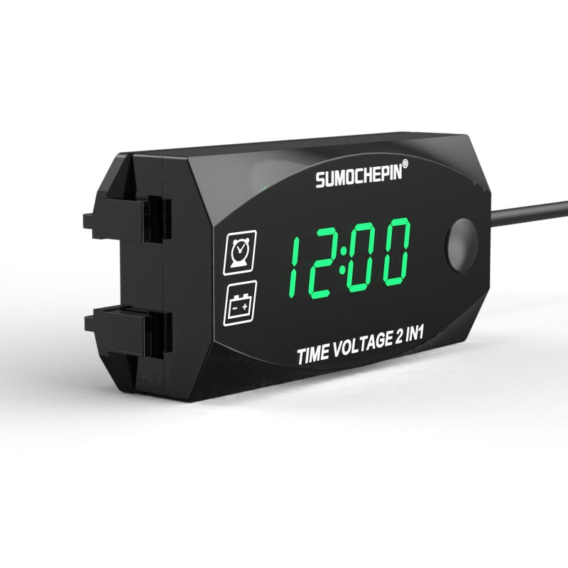 6V-30V LED 2-in-1 12V Voltmeter Time Display Timetable Measuring Battery Meter For Motorcycle Scooter Electric Vehicle Modification