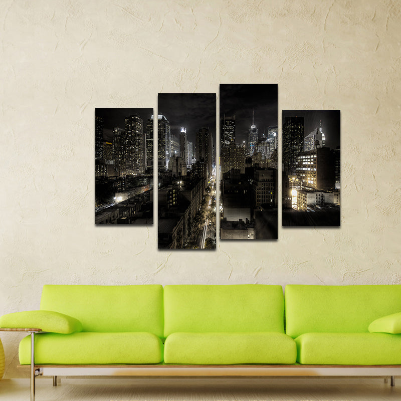 Miico Hand Painted Four Combination Decorative Paintings Dark Night City Street Wall Art For Home Decoration