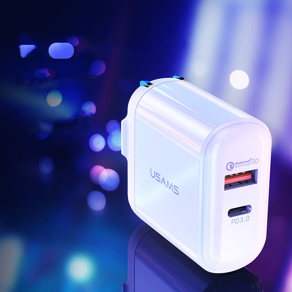 USAMS QC3.0 24W Type-C PD Fast Charging USB Charger For iPhone 11 Pro Huawei P30 Xiaomi Mi9 S10+ Note10