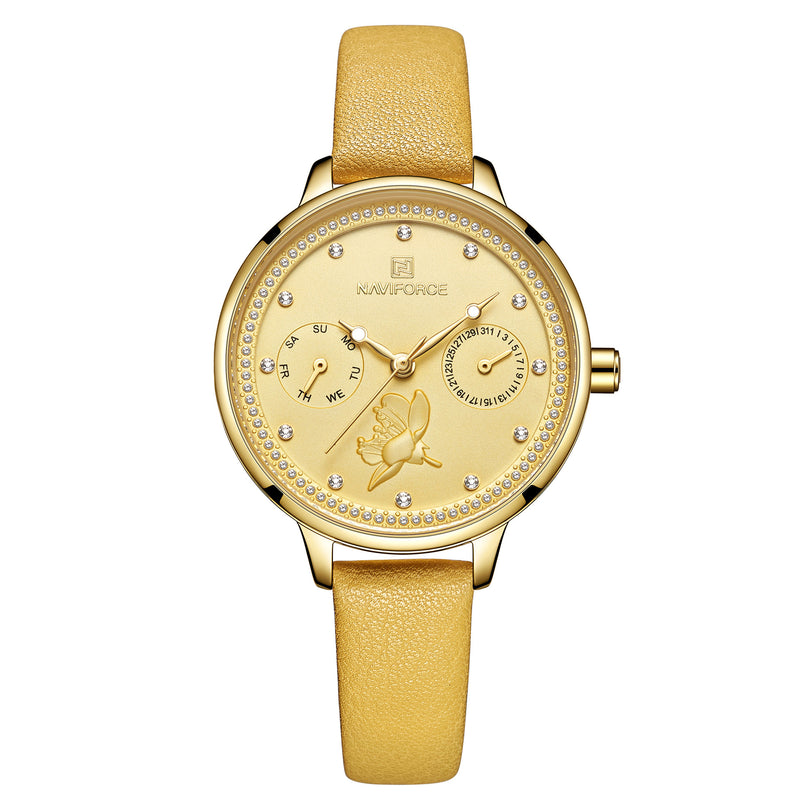 NAVIFORCE 5003 Diamonds Elegant Design Ladies Wrist Watch Genuine Leather Strap Quartz Watch