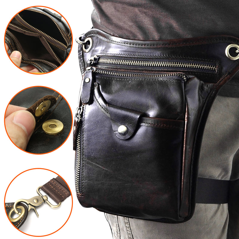 Men Motocycle Waist Leg Bag Fashion Leather Hiking Cycling Work School Travel