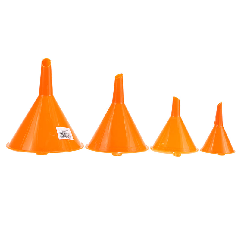 4pcs Sizes Orange Funnel Motorcycle Fuel Petrol Water Oil Tools Lab Home Kitchen 52/74/96/117mm