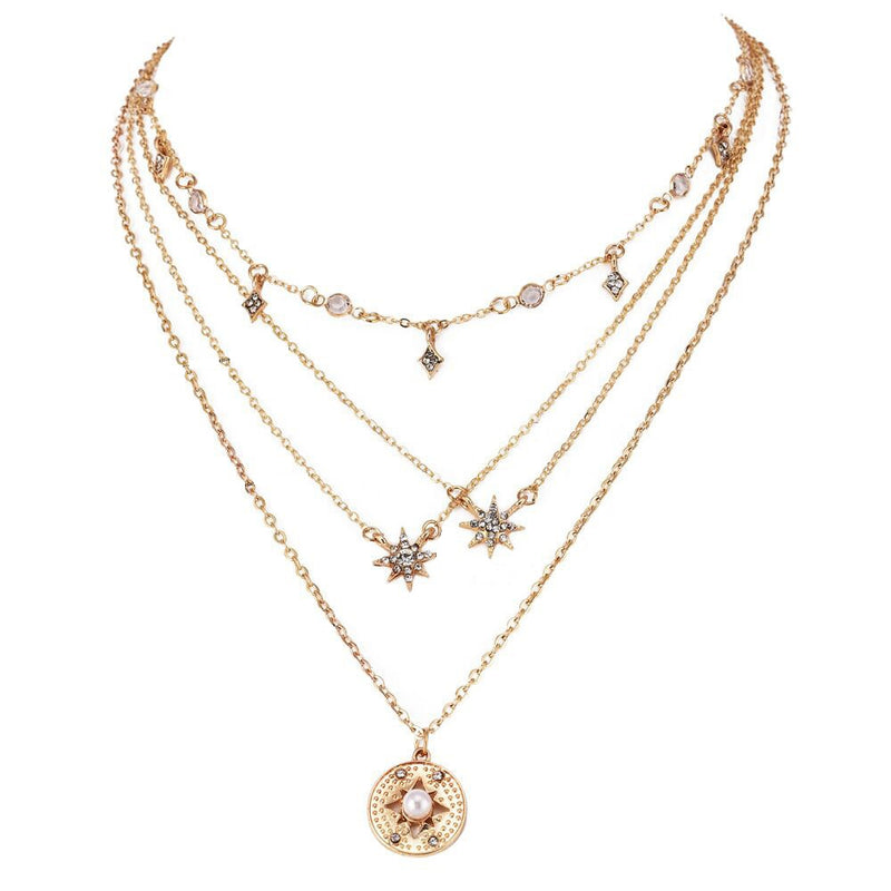 Bohemian Multilayer Necklaces Round Slice Beads Stars Chain Crescent Pendant Necklace For Women