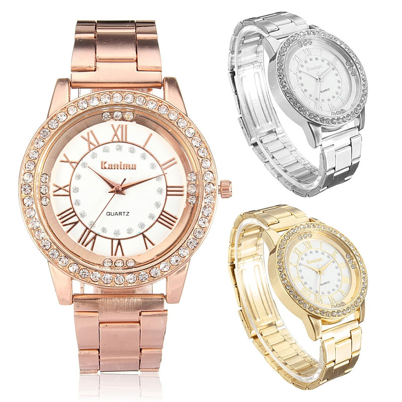 Men Women Crystal Rhinestone Plated Stainless Steel Analog Quartz Wrist Watch With Logo