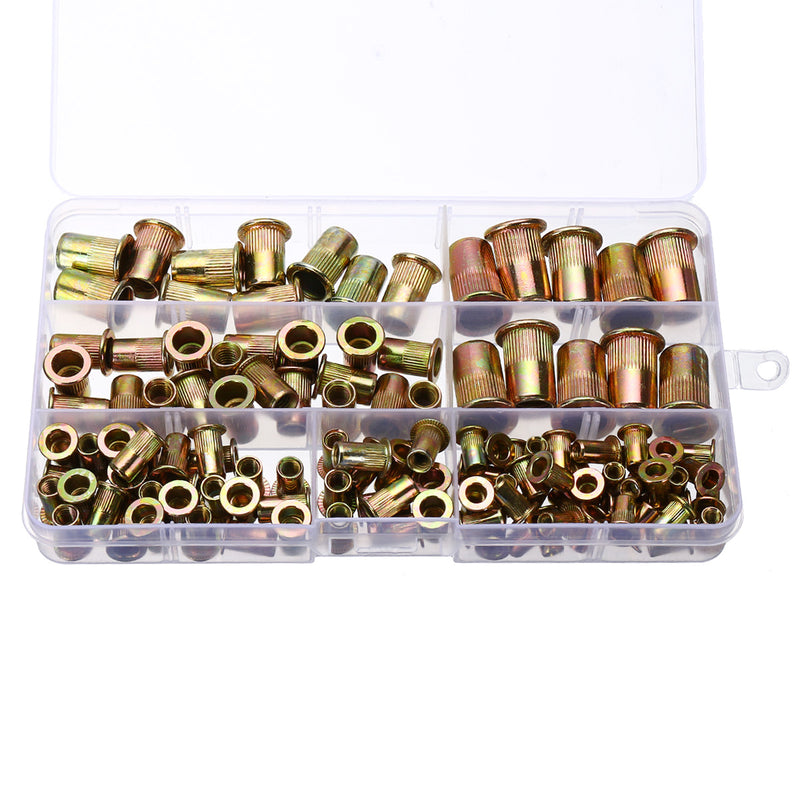 120Pcs Flat Head Insert Rivet Nut Nutsert Mixed Nuts Tool Kit Zinc Plated Carbon Steel Rivet Assortment Set