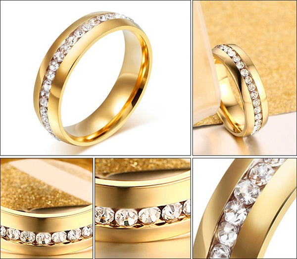 Titanium Steel Gold-plated Perimeter Crystal Stick Diamond Ring