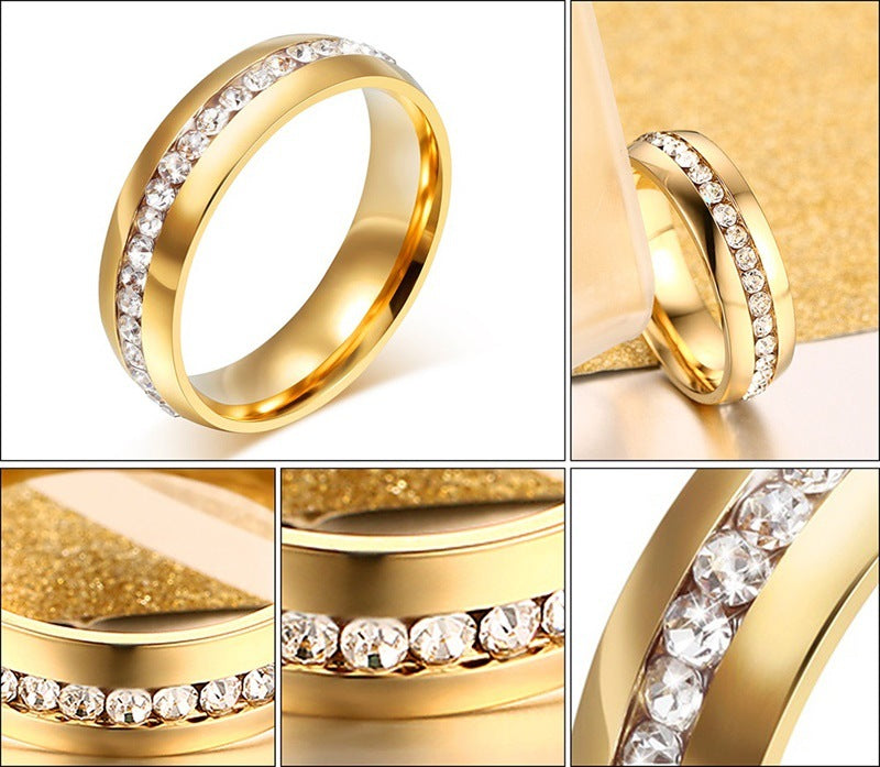 Titanium Steel Gold-plated Perimeter Crystal Stick Diamond Ring