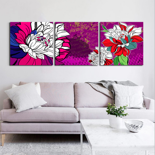 Miico Hand Painted Three Combination Decorative Paintings Botanic Lotus Wall Art For Home Decoration