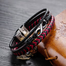 Leather Woven Titanium Steel Red And Black Color Leather Male Bracelet