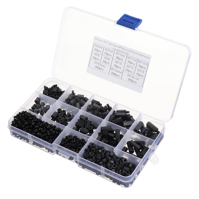 Suleve M3NH17 780Pcs M3 Nylon Screw Black Hex Screw Nut PCB Standoff Spacer Column Assortment Kit
