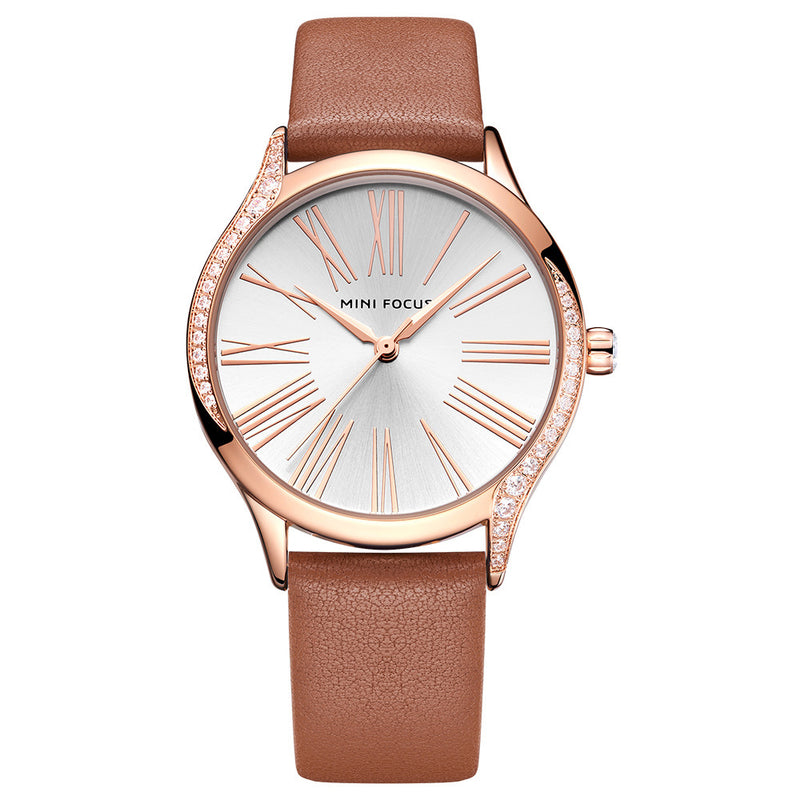 MINI FOCUS 0259L Casual Style Shining Women Wrist Watch Genuine Leather Strap Quartz Watch