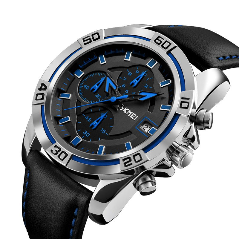 SKMEI 9156 Sport Watch Chronograph Leather Strap Waterproof Men Quartz Wrist Watch