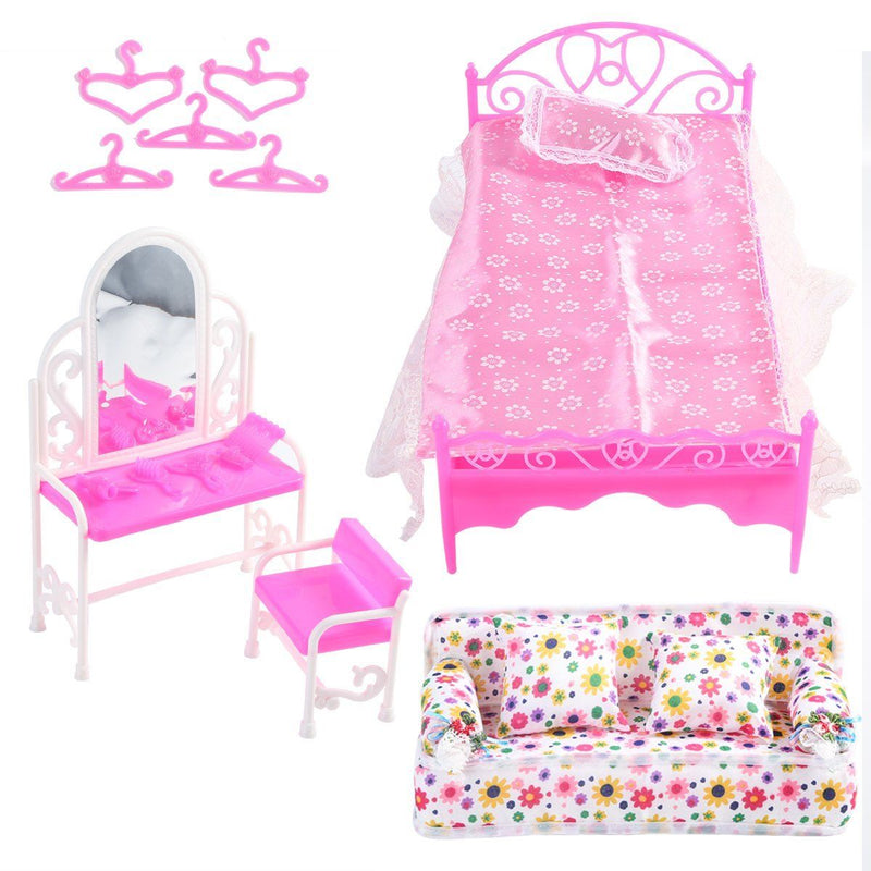 DIY Plastic Doll House Kids Development Toys Furniture Living Room Sofa Bed Dressing Table Hanger Set