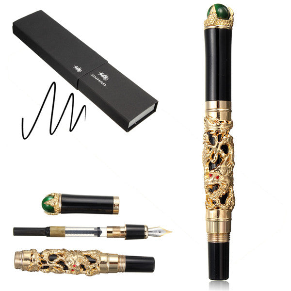 JINHAO Golden Dragon Heavy Fountain Pen Clip Medium Nib 18KGP Business Men Gifts