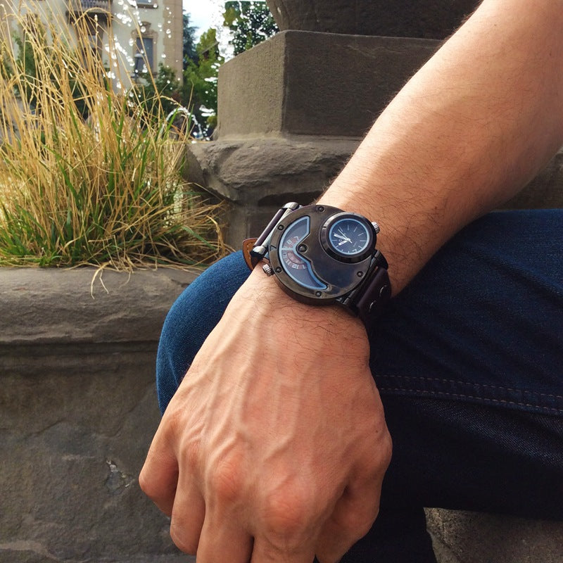 OULM 9591 Casual Style Creative Wrist Watch Dual Time Zones Leather Strap Quartz Watches