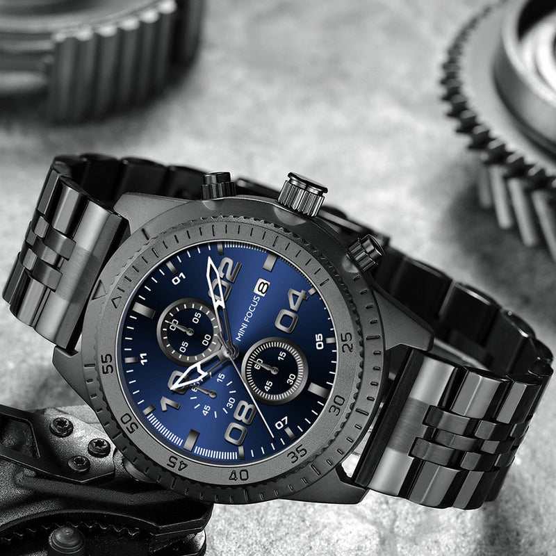 MINI FOCUS 0230G Fashion Men Watch Waterproof Chronograph Multi-function Stainless Steel Strap Quartz Watch
