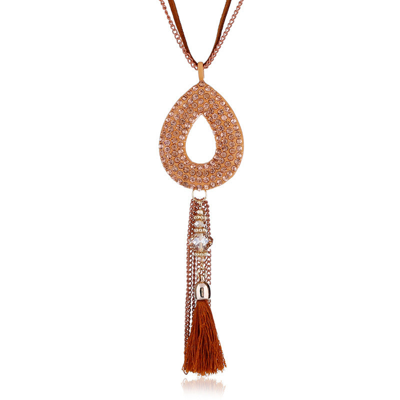 Retro Oval Rhinestone Pendant Long Necklace Velvet Tassels Charm Necklace Ethnic Jewelry for Women