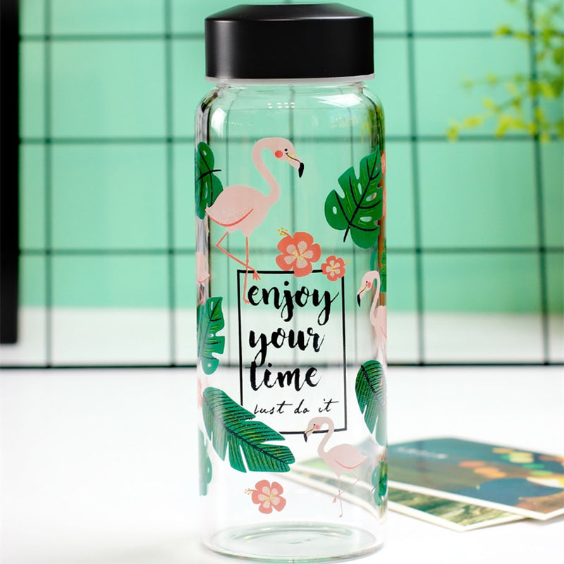Borosilicate Glass Flamingo Fruit Pattern Anti-High Temperature Glass Cup Water Bottle