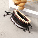 Punk Braided Leather Bracelet Adjustable White Beaded Bracelet for Men