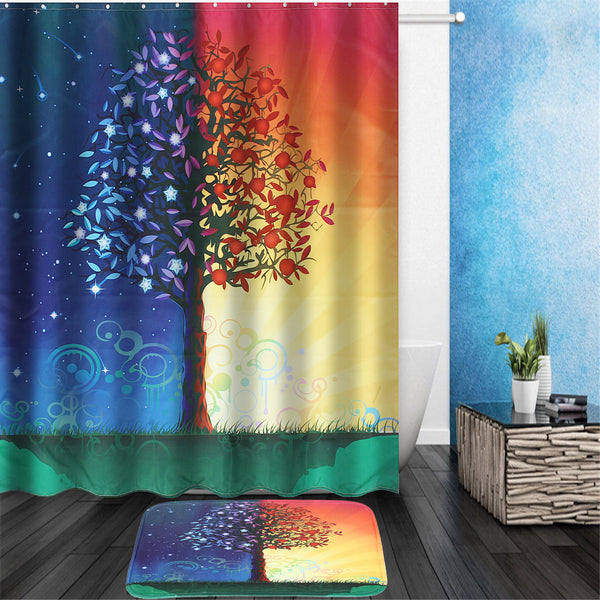 Day & Night Tree Shower Curtain Liner Bathroom Mat Set w/ Hooks Polyester Fabric