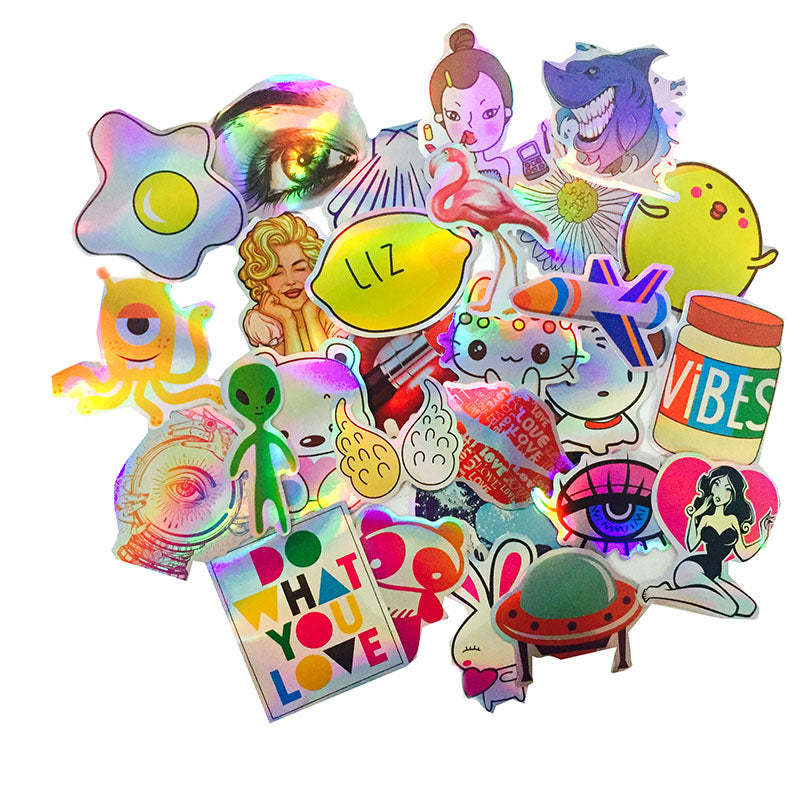 28pcs Cartoon Colourful Reflection DIY Laser Stickers For Suitcase Skateboard Laptop Luggage Sticker