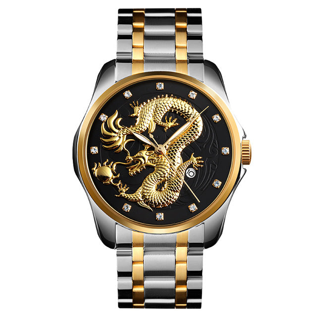 SKMEI 9193 Luxury Chinese Dragon Pattern Golden Waterproof Men Watch Quartz Watch