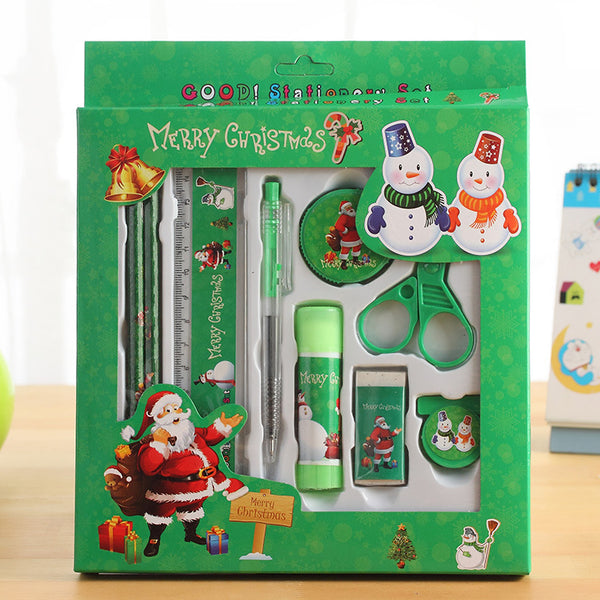 Languotu 817 9 Pcs Christmas Stationery Set Santa Pencils Ruler Eraser Solid Glue Pencil Sharpener Scissors School Students Supplies Christmas Gift Box