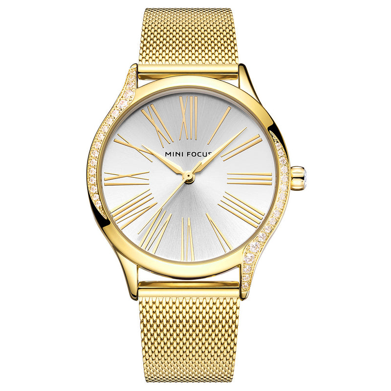 MINI FOCUS 0259L Casual Style Crystal Women Wrist Watch Stainless Steel Band Quartz Watch