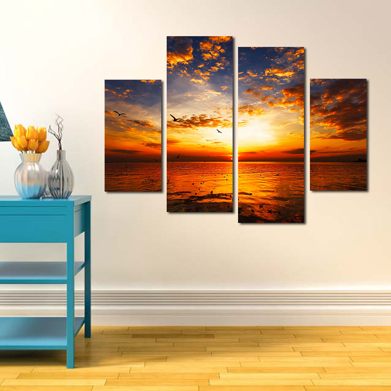 Miico Hand Painted Four Combination Decorative Paintings Sea Sunset Wall Art For Home Decoration