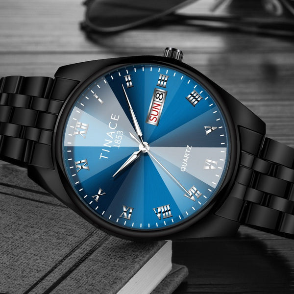 TINACE Men Luminous Display Fashion Blue Black Dial Day Week Display Stainless Steel Quartz Watch