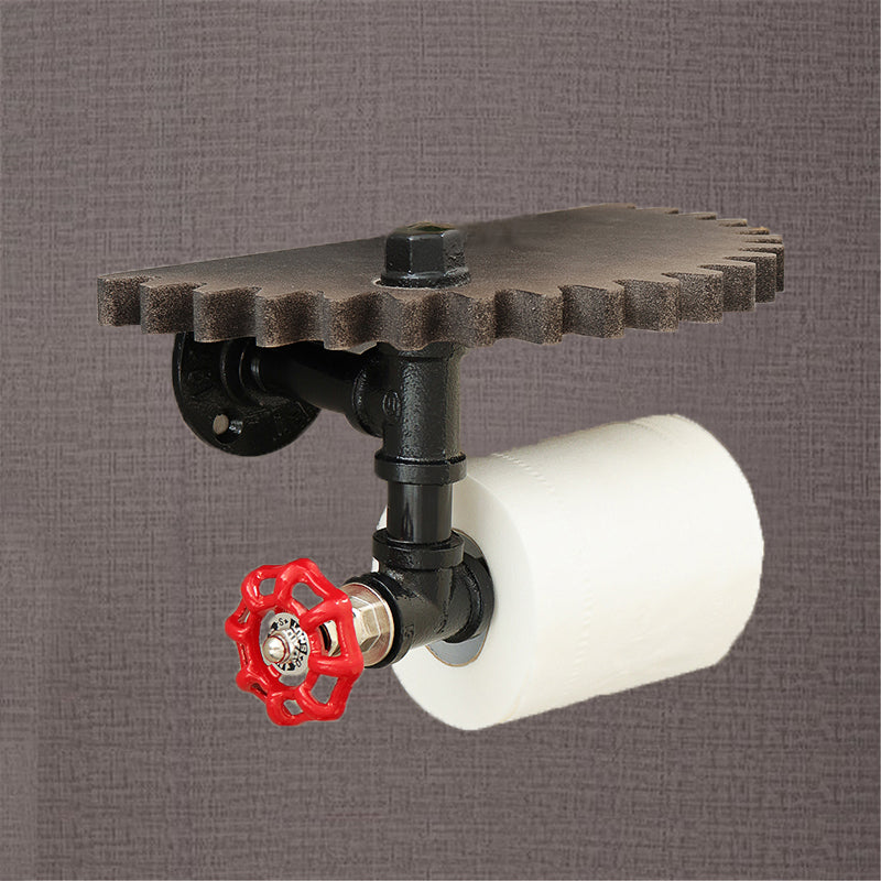 Retro Industrial Iron Pipe Bracket Toilet Paper Holder Roller Wood Gear Mounted Wall Shelf