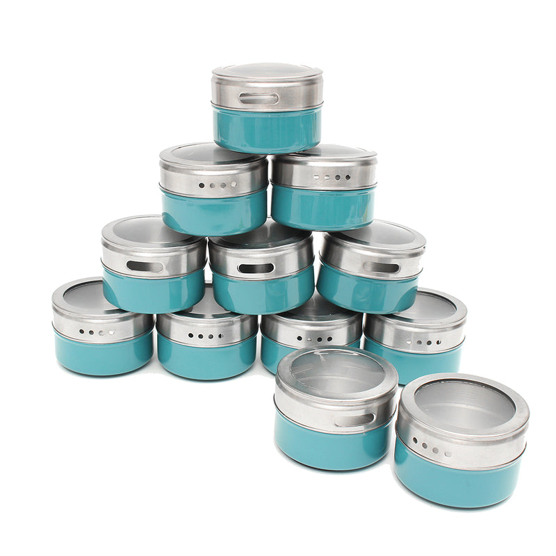 12Pcs Stainless Steel Magnetic Spice Tins Storage Container Jars with Clear Lid