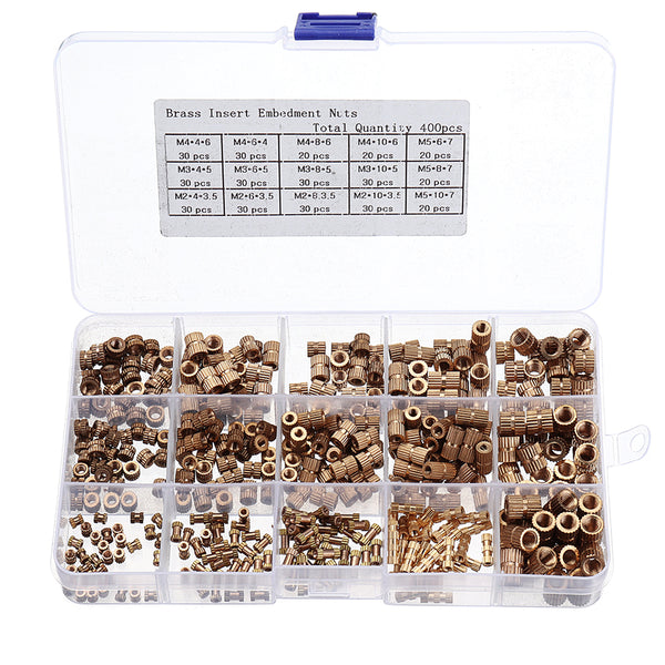Suleve MXBN5 400Pcs M2/M3/M4/M5 Knurled Brass Round Female Thread Knurled Nuts Round Insert Embedment Nut Assortment Set