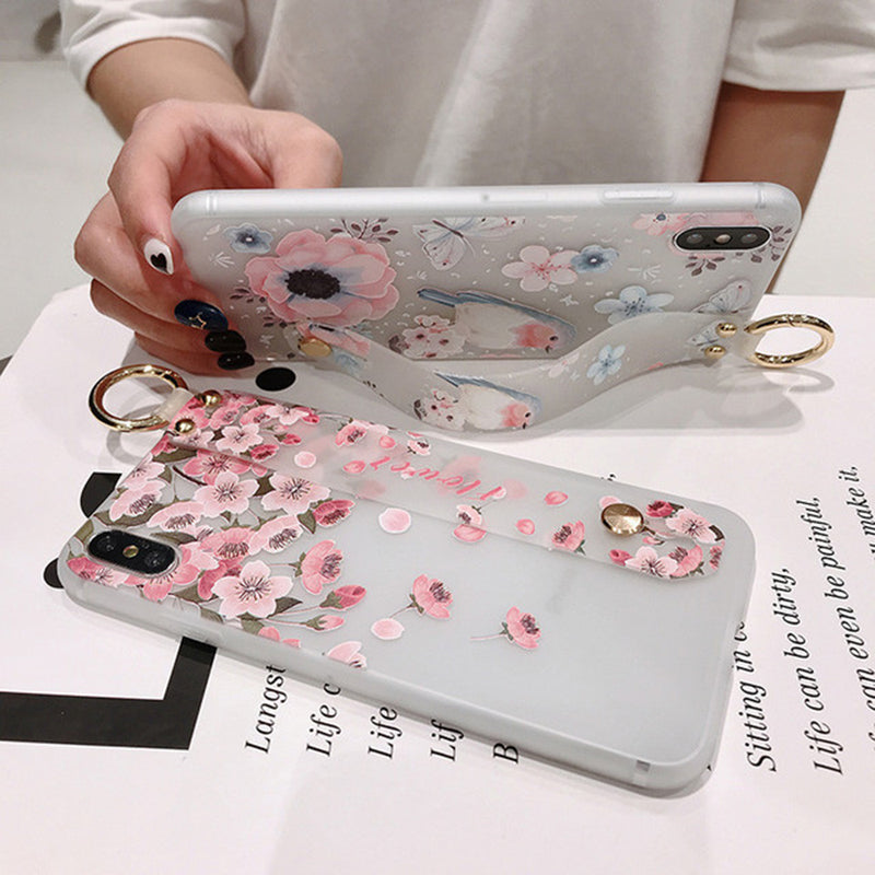 Bakeey Blossom Embossed Soft Silicone Protective Case with Wristband Holder for iPhone XS MAX XR X for iPhone 7 6 6S 8 Plus Back Cover