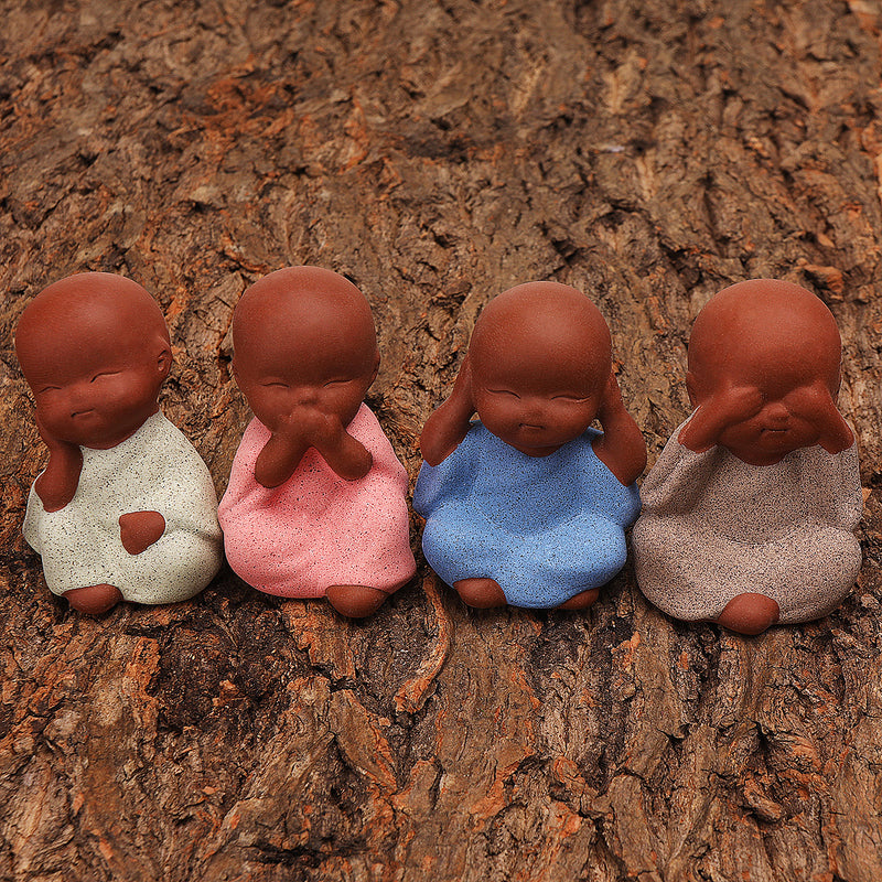 4Pcs Tea Pet Ceramics Statue Monk Figurine Chinese Crafts Ornament Decorations
