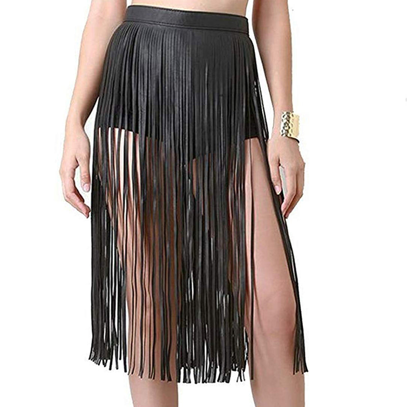 Women's Tassels Leather Skirt Summer Fashion Adjusted PU Long Fringe Dress BH1T6