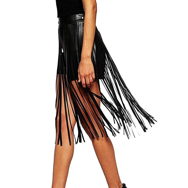 Women's Tassels Leather Skirt Summer Fashion Adjusted PU Long Fringe Dress BH1T6