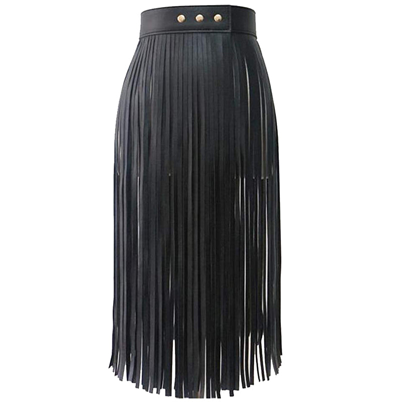 Women's Tassels Leather Skirt Summer Fashion Adjusted PU Long Fringe Dress BH1T6