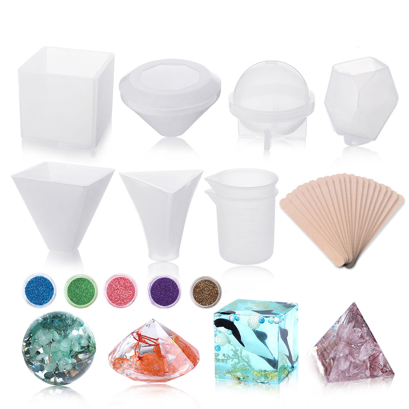 33Pcs/Set Resin Mould Resin Silicone Casting Molds Epoxy w/ 2 Pack Measuring Cups & Wood Sticks Flash Powder